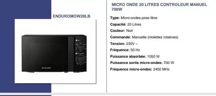 Micro Onde Enduro 20LITRES Manuel Noir MOW20LB